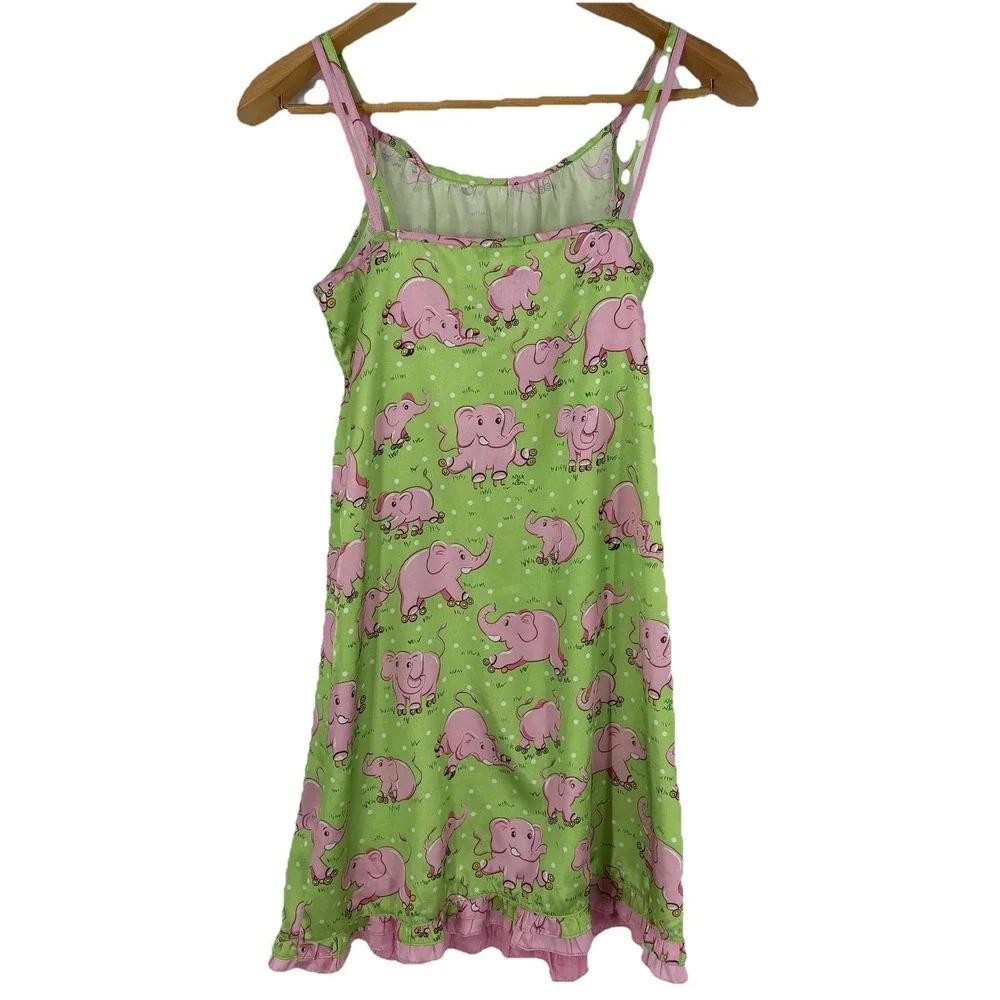 Nick‎ & Nora Gown Girls 14-16 Green Elephant Cami Satin Roller Skates Nightgown